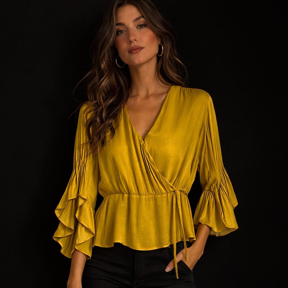 SweetGrey Elegant Mustard Wrap Top M